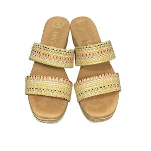 Sam & Libby Charlee Raffia Tan Strap Slip On Wedge Shoe Sandal Sz 9